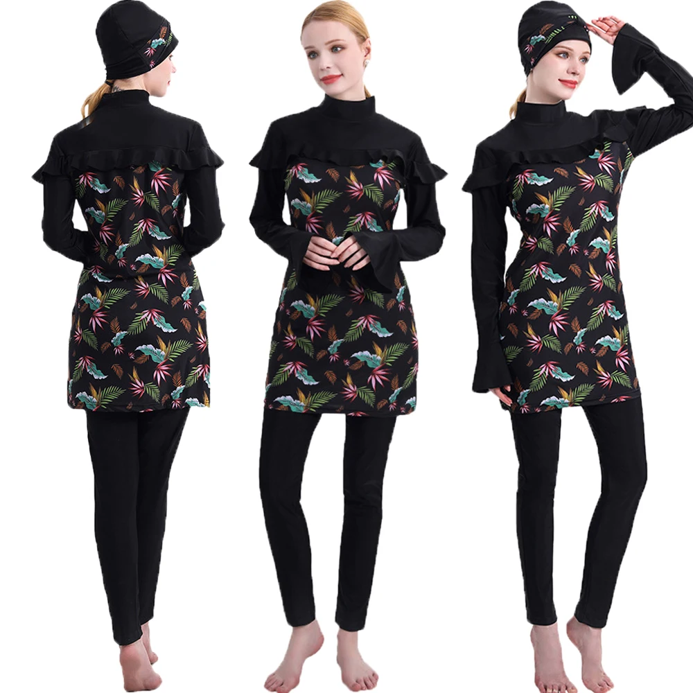 

Women Muslim Swimwear Leaf Printing Islamic Clothes Hijab 3 Pcs Long Sleeves Sport Swimsuit Burkinis Bathing Suit Full Coverage