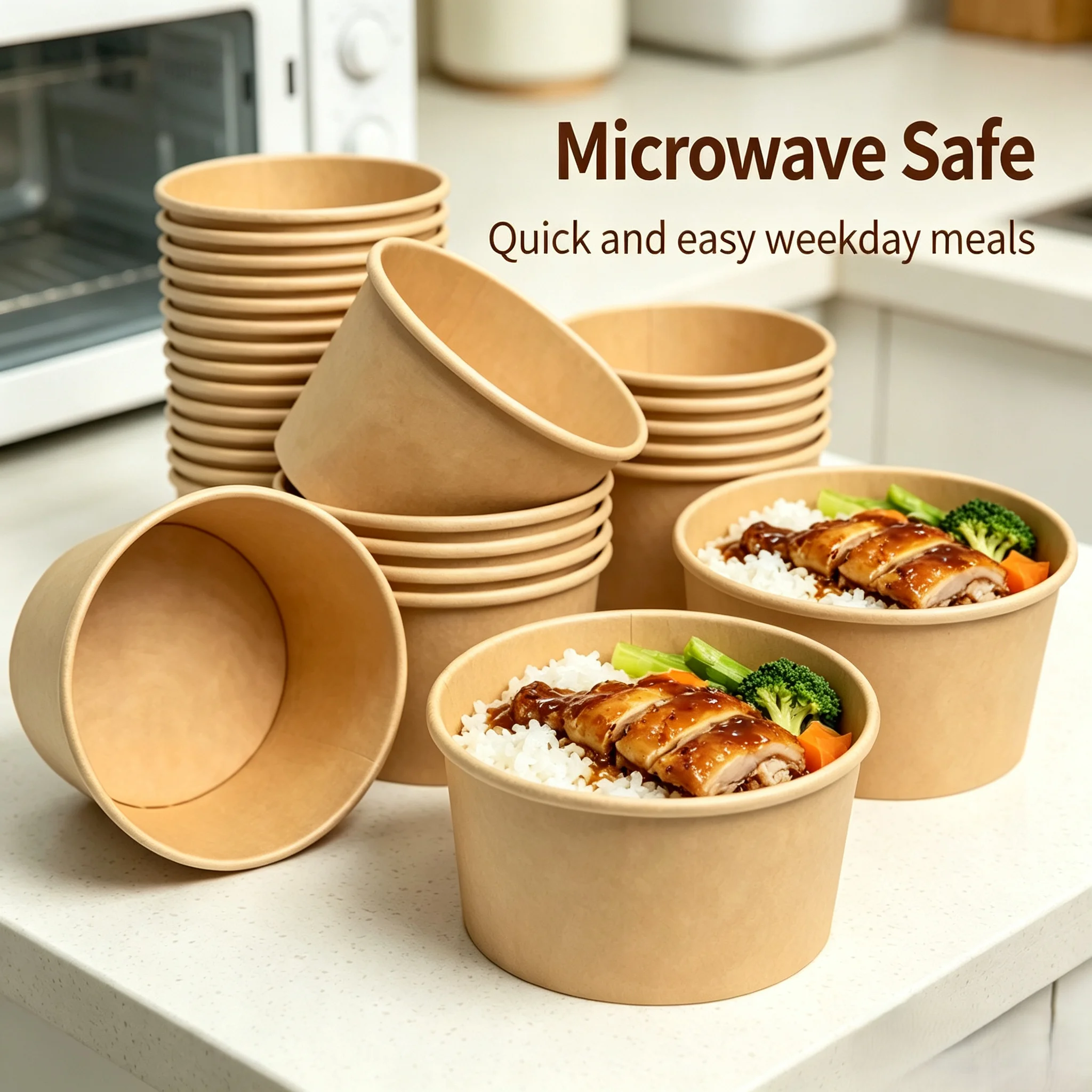 Bento Box - 50Pcs Kraft Paper Round Bowls, Disposable