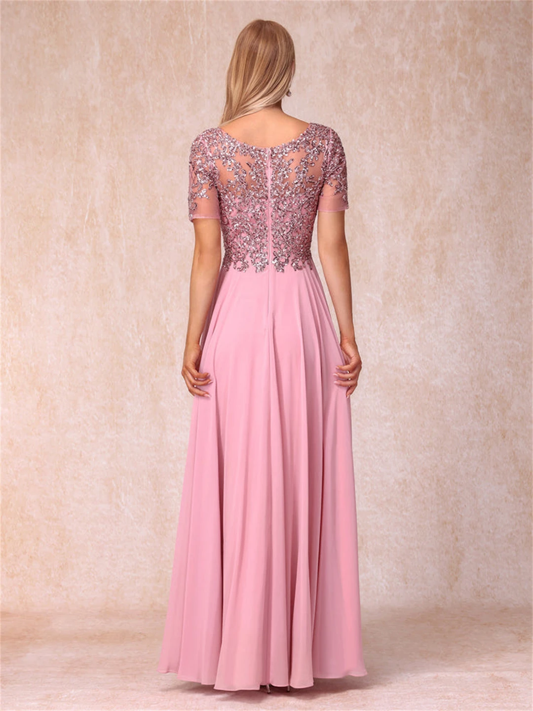 Mulheres Elegante vestido rosa longo de chiffon, vestidos mãe da noiva, apliques com o pescoço, lantejoulas de renda, manga curta, vestidos de casamento para convidados, mulheres