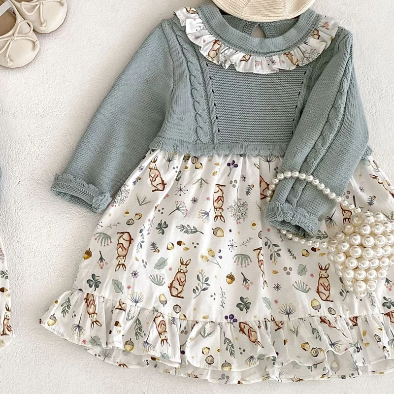 Autumn new baby clothing, girls aged 0-5, embroidered lace collar, bubble long sleeves, pit stripe, name lady long skirt