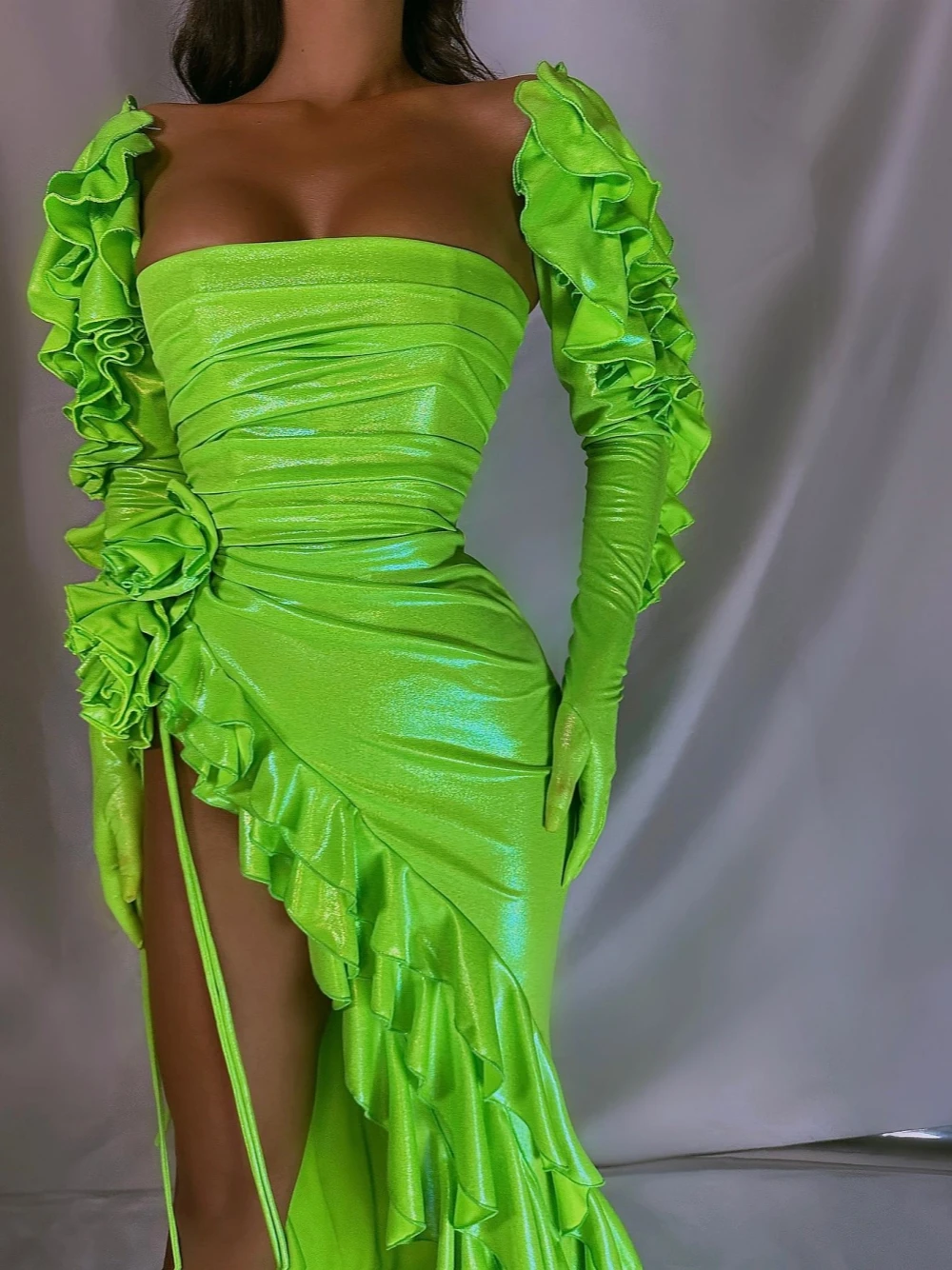 Vestidos De Noche sin tirantes para fiesta, Vestido verde neón con abertura alta para novia, Vestido De Novia clásico hasta el suelo, Vestido De Novia