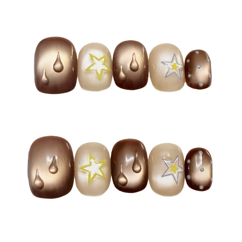 เล็บปลอมแบบกดติด 10 ชิ้น ลายตาแมวสีน้ำตาลอบอุ่นสำหรับฤดูใบไม้ร่วงและฤดูหนาว ลายดาวห้าแฉก ลายหยดน้ำ ลายจุด ทำมือ ถอดออกได้ ใช้ซ้ำได้