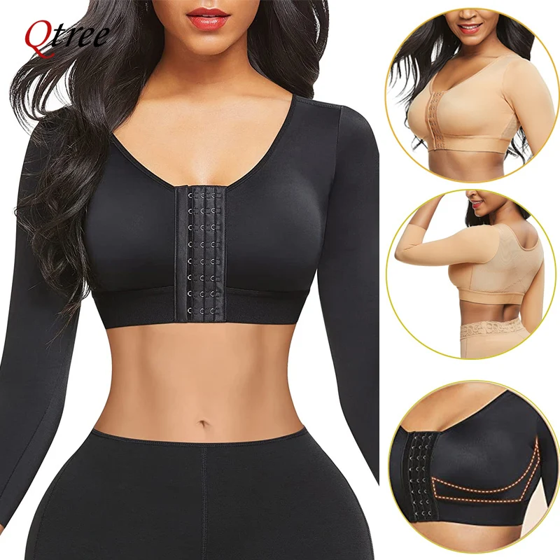 Women Arm Shapers Soft Intimates Daily Underwear Body Shaper Long Sleeves Front Entry Push Up Wire-Free Sports Bra with Hooks