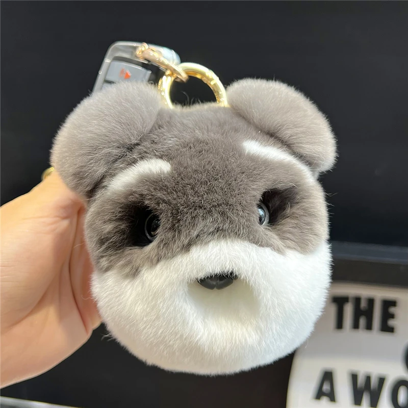 Cute Small Dog Real Rex Rabbit Fur Keychain Plush Ball Women Bag Pendant Car Keyring Jewelry Metal Ring Trinkets Kids Toy Gift