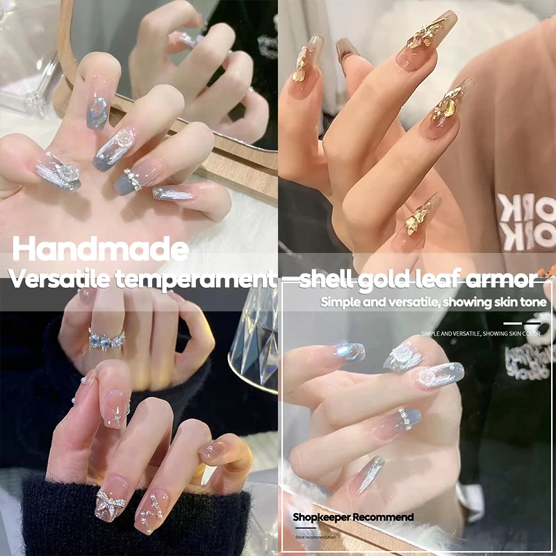 NEW Handmade Fake Nail Wearing Diamond Frech Style Gold leaf Three-dimensional Pattern Fake Nail Patch Fake Nail Sexy Wearing