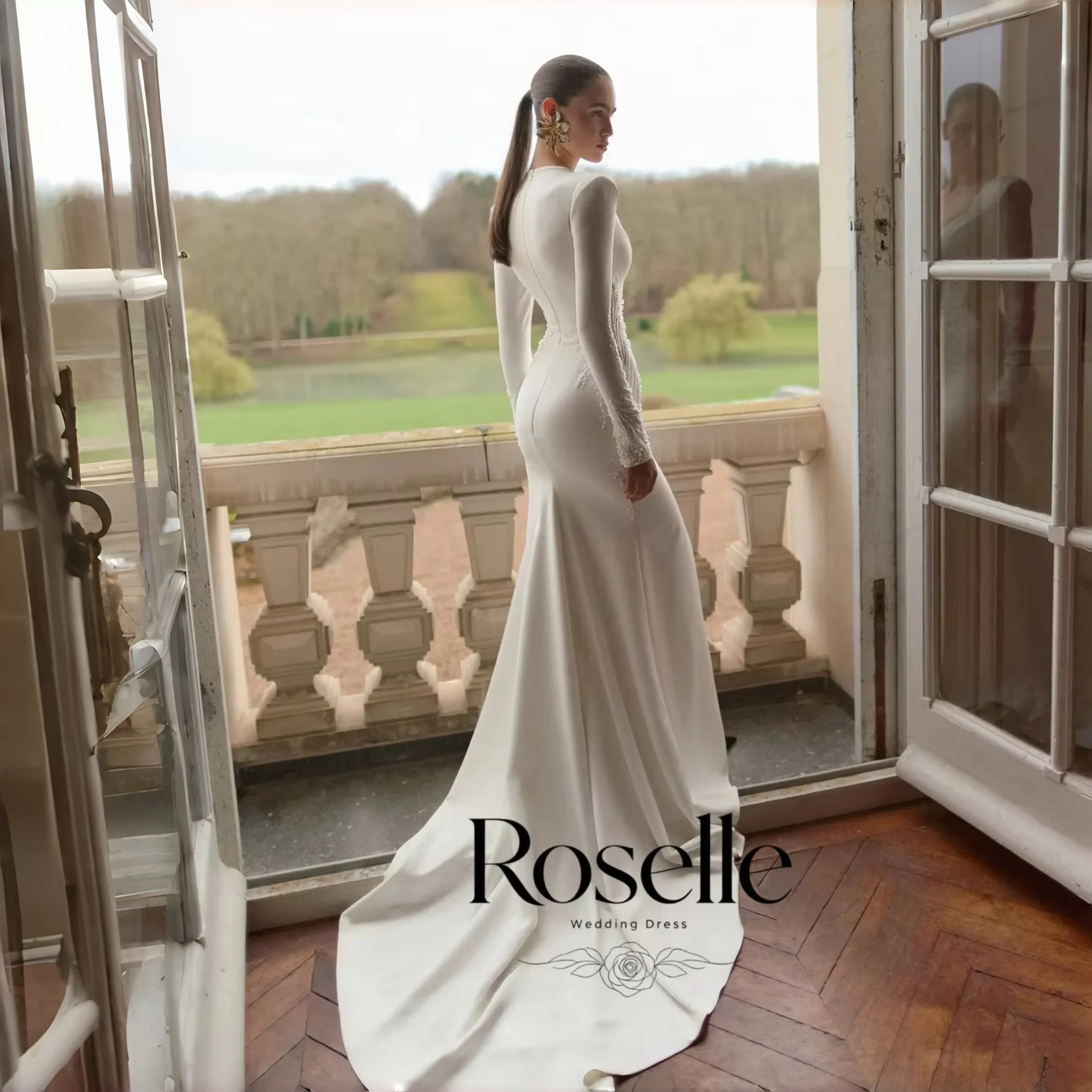 ROSELLE V-Neck Long Sleeves High Side Slit Mermaid Wedding Dress Beading Cut Out 2026 Bridal Gown Customized свадебное платье