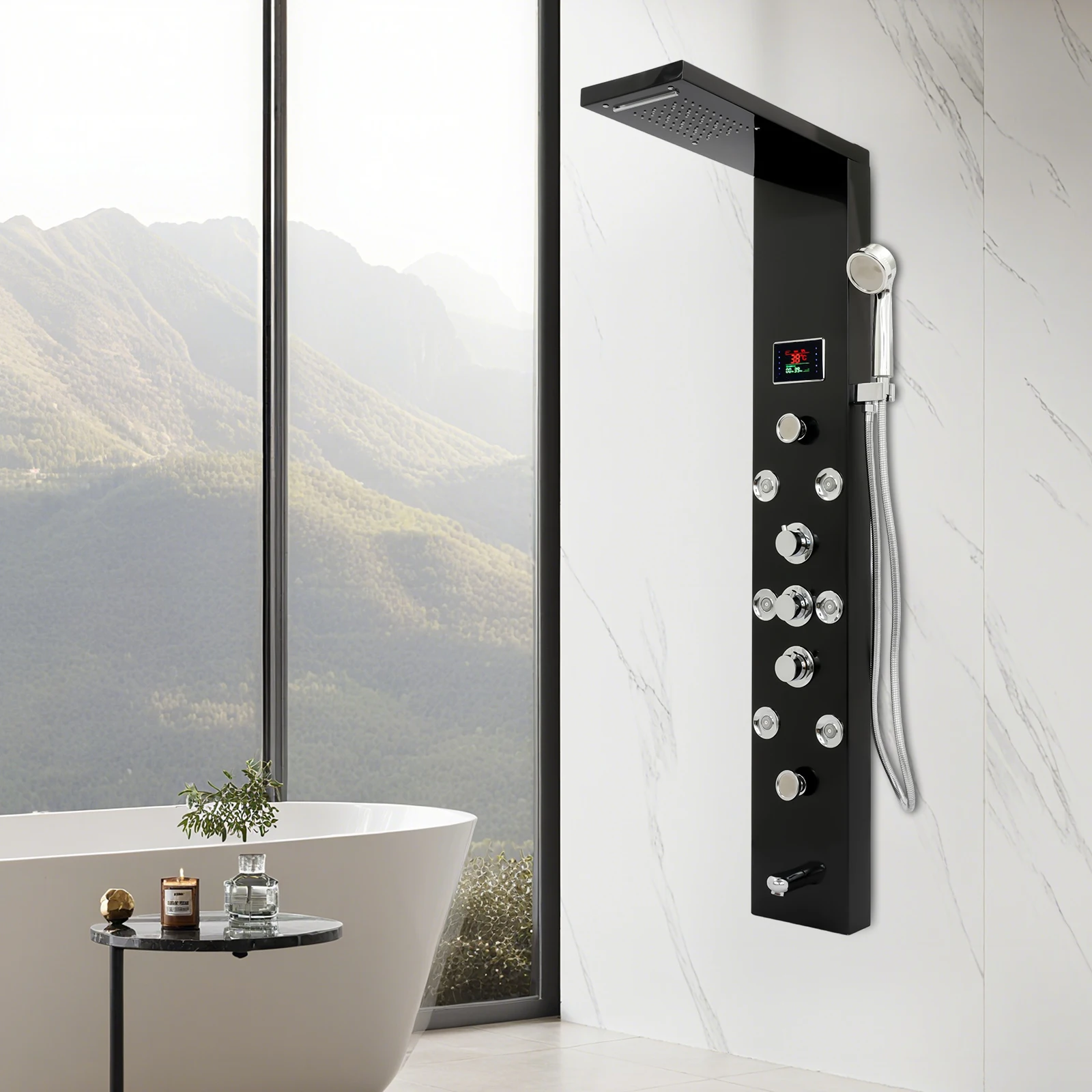 

LED Shower Panel Tower System Stainless Steel Bathroom 6-Function Shower Tower Rainfall Waterfall Shower Head Black
