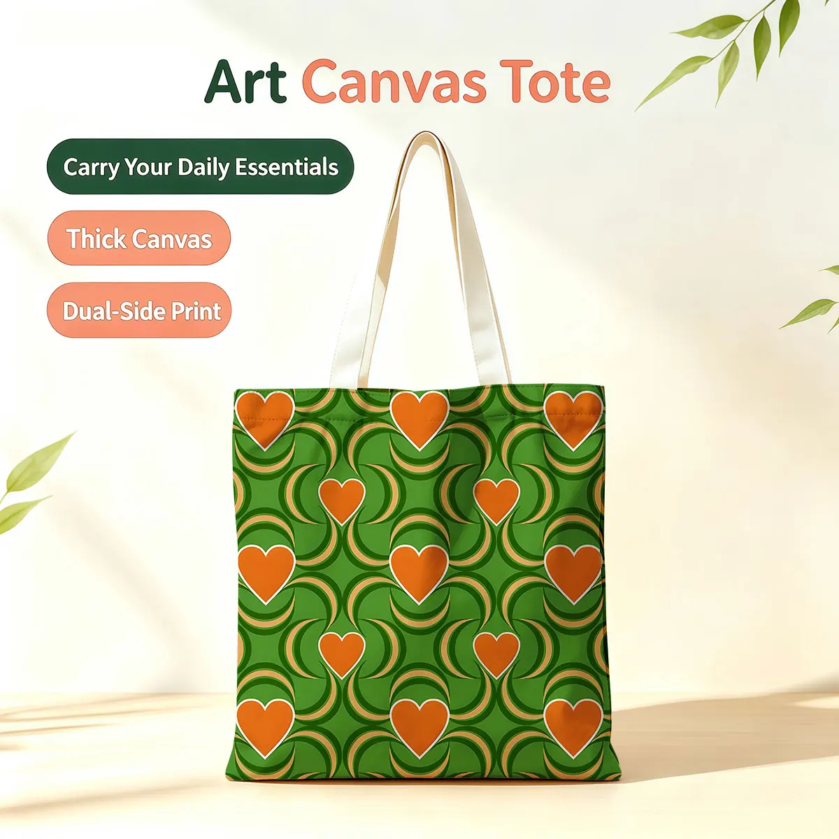 

Retro Green Heart Moon Dual-Side Printed Tote Bag Large Capacity Eco Handbag for School Office Daily Errands Daily Must-Have Bag
