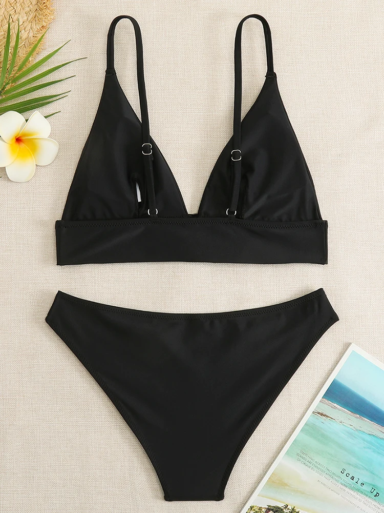 Bikini Swimwear Women Swimsuit 2023 Solid Black High Waist Bikinis Set Sexy V-neck Brazilian Beach Bathing Suit Summer Female L