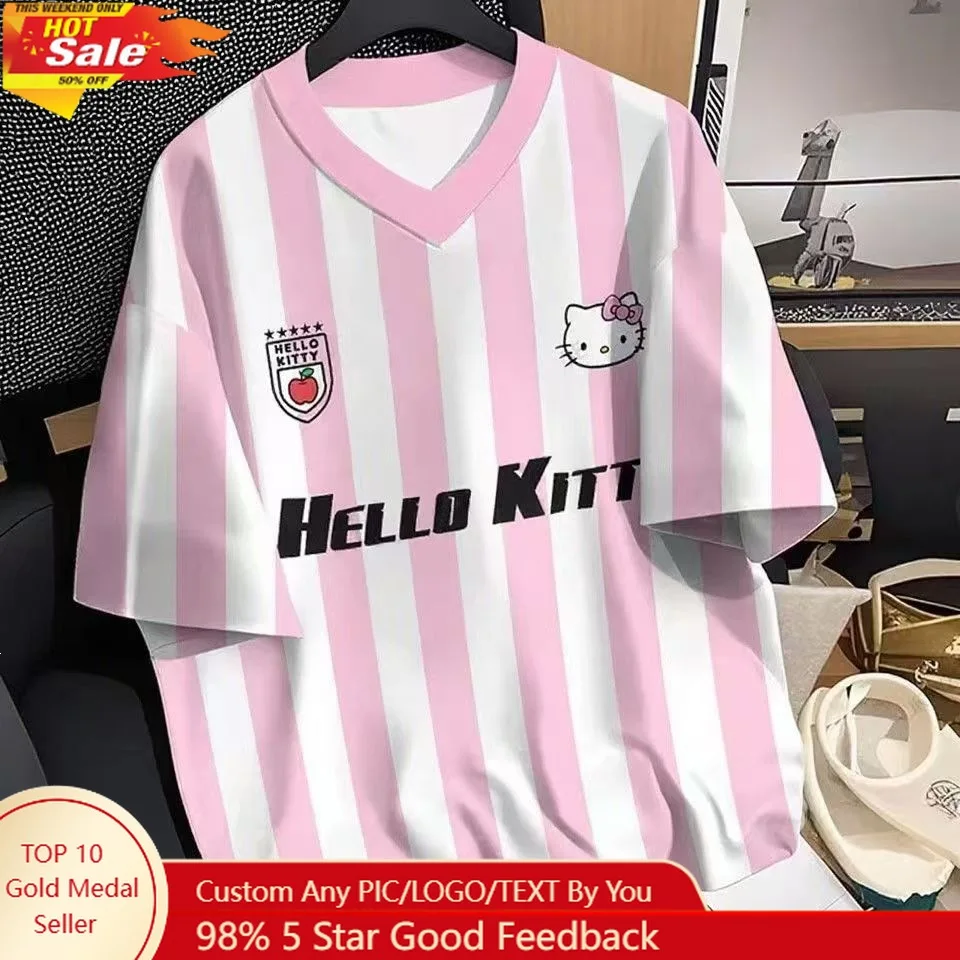 Hello Kitty 3D Print American Retro Checkered V-Neck T-Shirt Quick-Dry Summer Sports Short Sleeve Top for Men Women