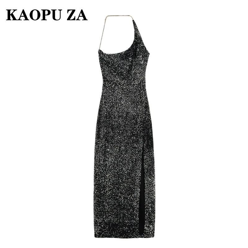 KAOPU ZA 2024 New Woman's Sexy Side Zipper Midi Skirt Dresses Sophisticated Female Sleeveless Dress Ruffles Regular Fit Sequins