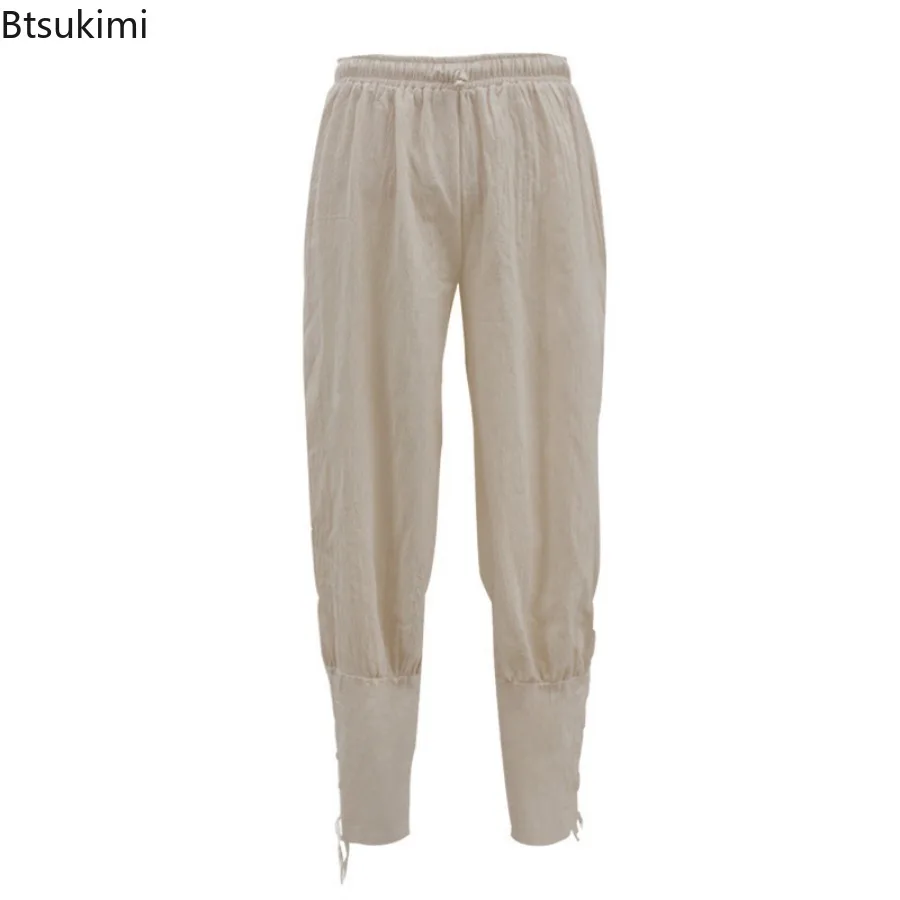 2025 Men's Vintage Stripe Pants Renaissance Medieval Gothic Trouser Caribbean Pirate Horseman Cosplay Costume Bandage Pants Male