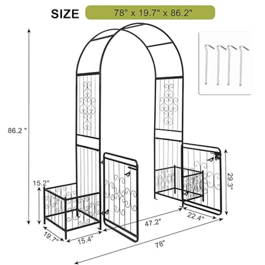 Garden arch arbor with entry door and plant frame for wedding party, patio, and plant decor; black metal; easy assembly