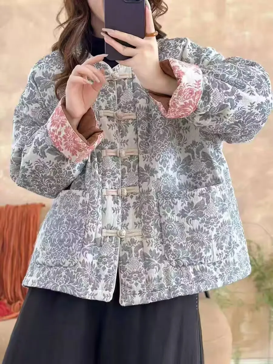 Novo chinês sle jaqueta de algodão feminino com gola e borla bordada forro calor suficiente para o inverno