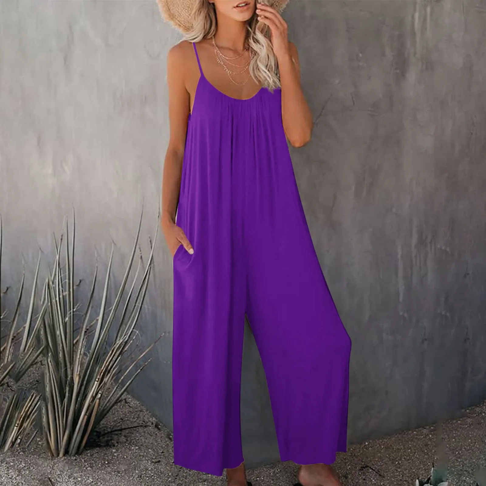 

Spaghetti Strap Jumpsuits For Women Wide Leg Loose Sleeveless Adjustable Stretchy Overalls Pockets Comfortable Rompers Women