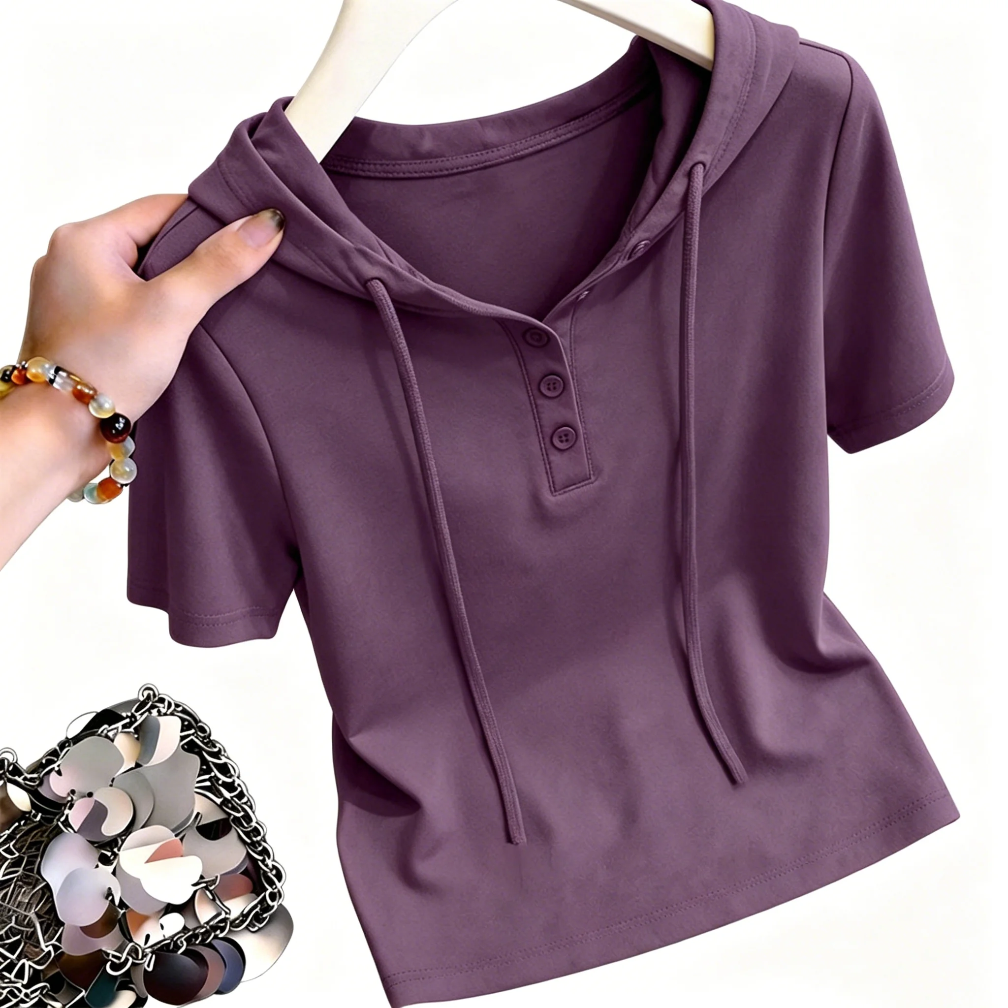 Women's Oversize Cotton T-Shirt 2026 New Short Sleeve Button Placket Drawstring Hoodie T-Shirt Casual Slim Summer Pullover Tops