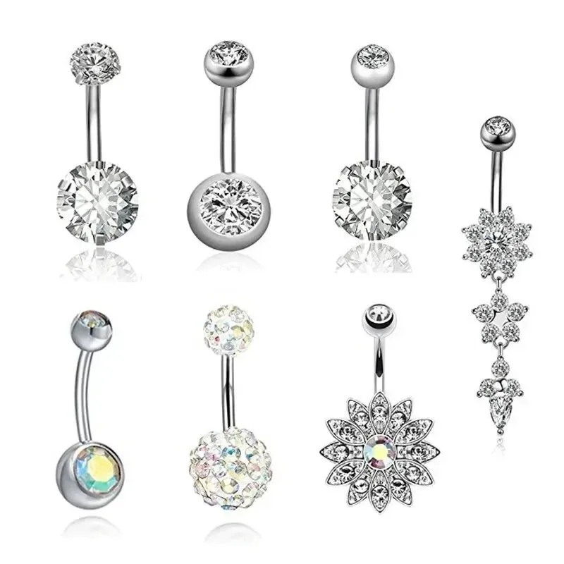 7-Piece Stainless Steel Zircon Silver Navel Ring Set With Human Piercing Accessories