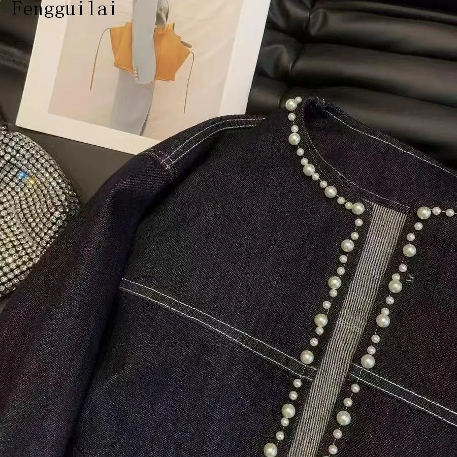 Women Round Neck Denim Jacket Faux Pearl Trim Long Sleeve Open Front Loose Cropped Jean Coat With Pockets