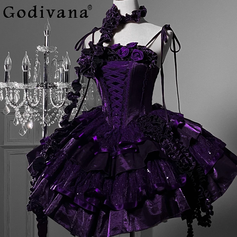 

Original Halloween Cos Purple Lace Flower Slim-fit Fishbone Jsk Dress Lolita Gothic Girl Women's Romantic Party Short Dresses