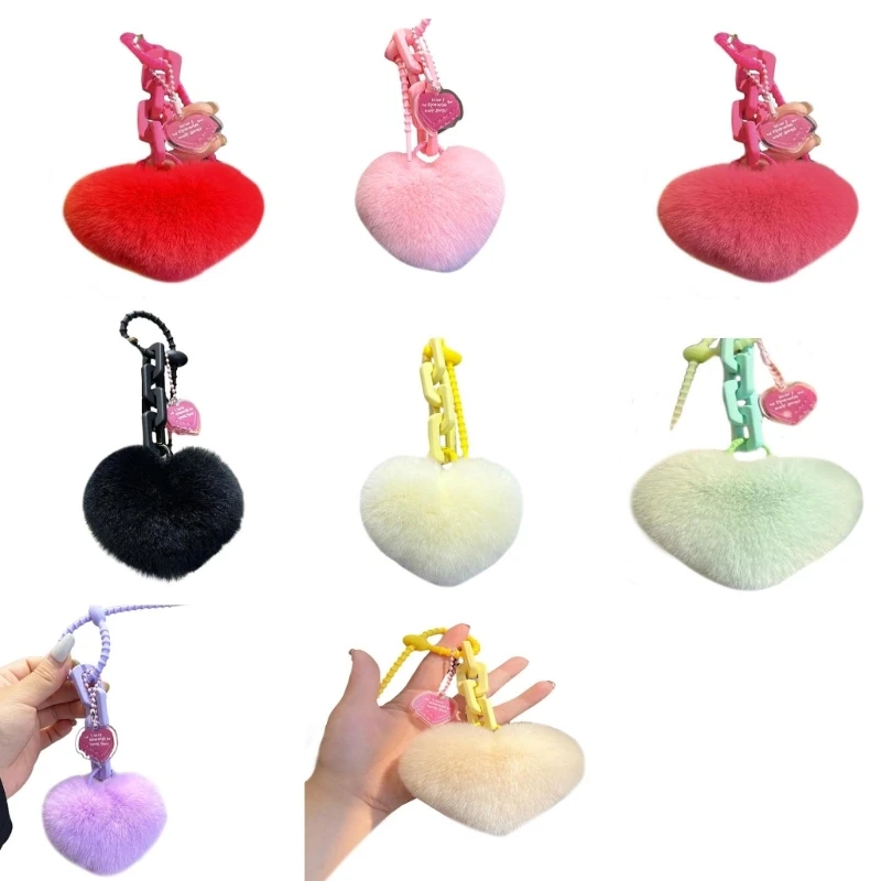 Pompoms Pendant Keyring Heart Keychain Small Car Key Chain for Bag Decoration