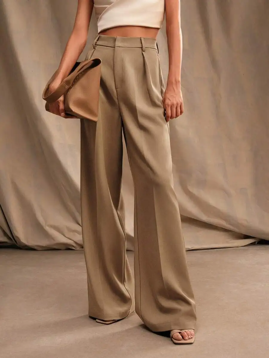 

Women's Beige Pleated High-Waist Wide Leg Palazzo Pants