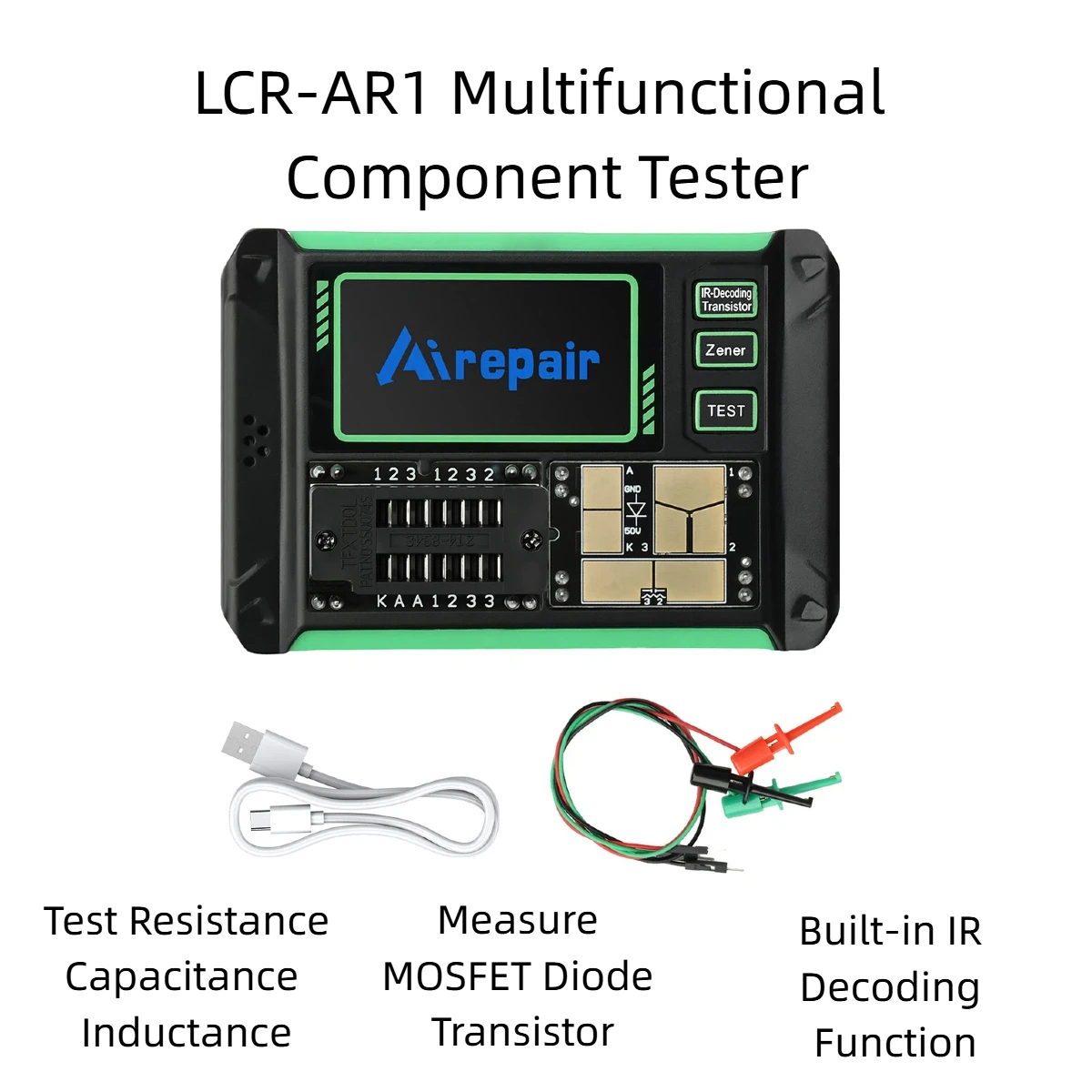 

LCR-AR1 Digital Transistor Tester Multifunctional LCR Meter Test Resistor Capacitor Diode Zener MOSFET IR Decoding for Repair