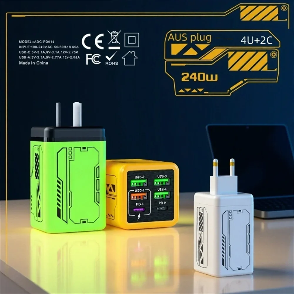 6 in 1 240W USB C Wall Charger Fast Charging USB Type C Quick Travel Adapter EU/UK/US/KR Plug For iPhone Xiaomi Samsung Huawei