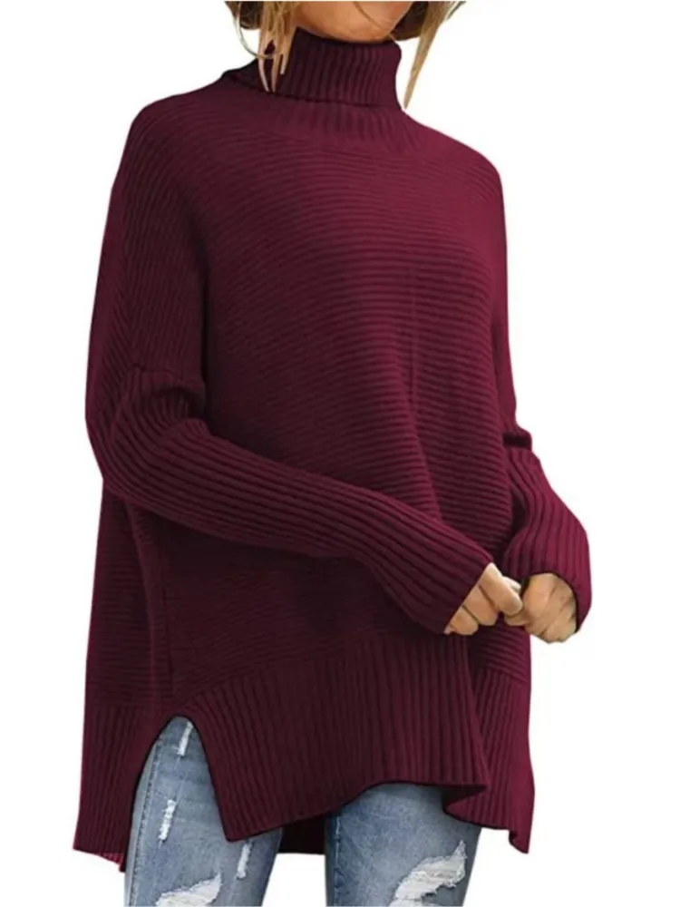 

Women Solid Color High Neck Sweater Slouchy Bat-sleeved Stylish Pullover Tops Sweater Women Sweaters For Autumn And Winter Women