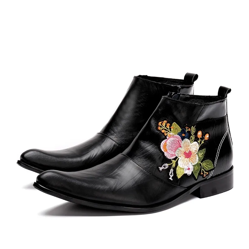 

Genuine Leather Shoes Male High Top Belt Buckle Chelsea Boots Retro Mixed Color Pointed Toe Chunky Heel Ankle Boots for Men