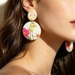 Cottagecore Sculpted Floral Polymer Clay Earrings Romantic Magenta Yellow Flower Drop Artsy Handmade Jewelry Spring Accessories
