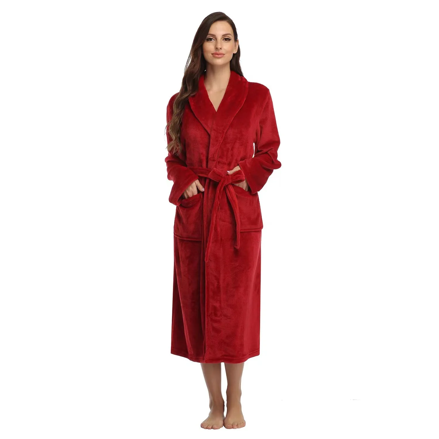 

Women's Winter Fleece Bathrobe Long Sleeve Warm Solid Ladies Dressing Gown with Sashes Pockets Flannel Kimono for Female