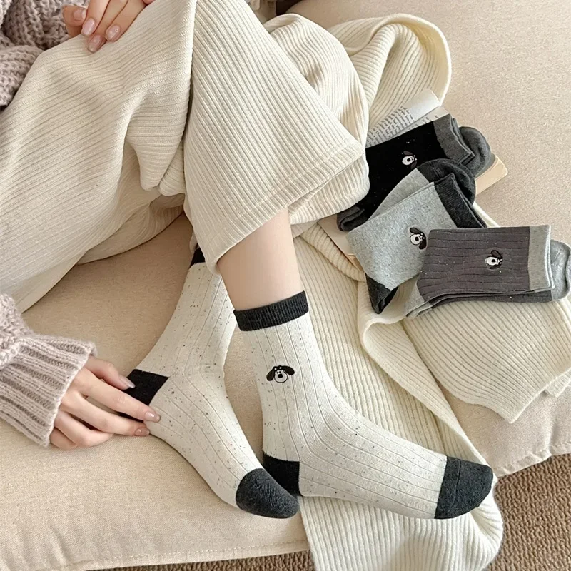 Kaos Kaki Bordir Anjing Kartun Lucu Gaya Korea Wanita Pola Titik Blok Warna Katun Setengah Betis Modis Gaya Jepang Panjang