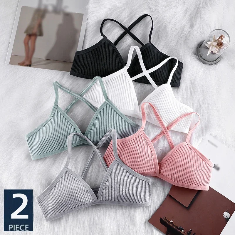 

1/2pcs Comfort Cotton Bras for Women Thin Sport Style Unlined Bralette Sexy Deep V Triangle Cup Cross Beauty Back Bra