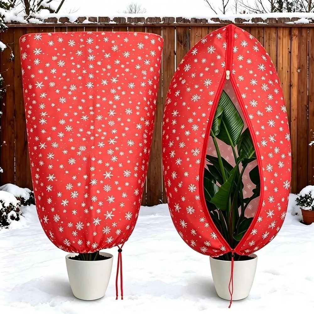 Non-woven Plant Frost Cover Snowflake Print with Zipper & Drawstring Winter Plant Protection Bag Plant Warm Cover Trees Plants