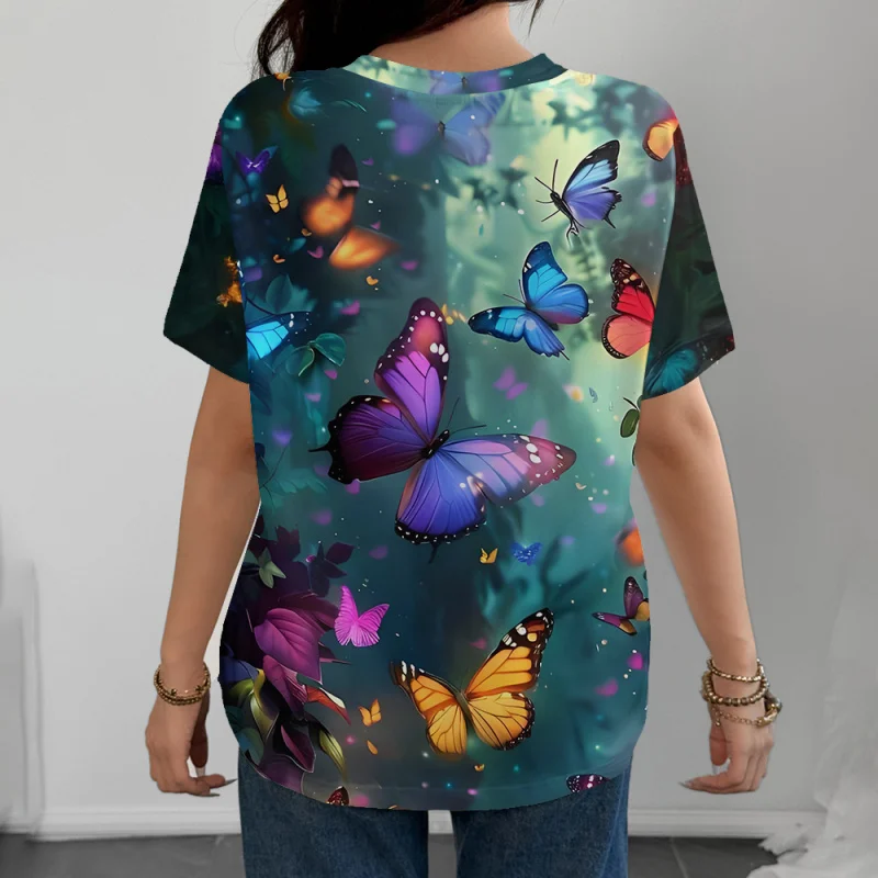 

Women T-Shirt 3d Butterfly Print Purple O-Neck Casual Ladies Gradient Female Top Harajuku Girls Short Sleeve Fashion Clothing