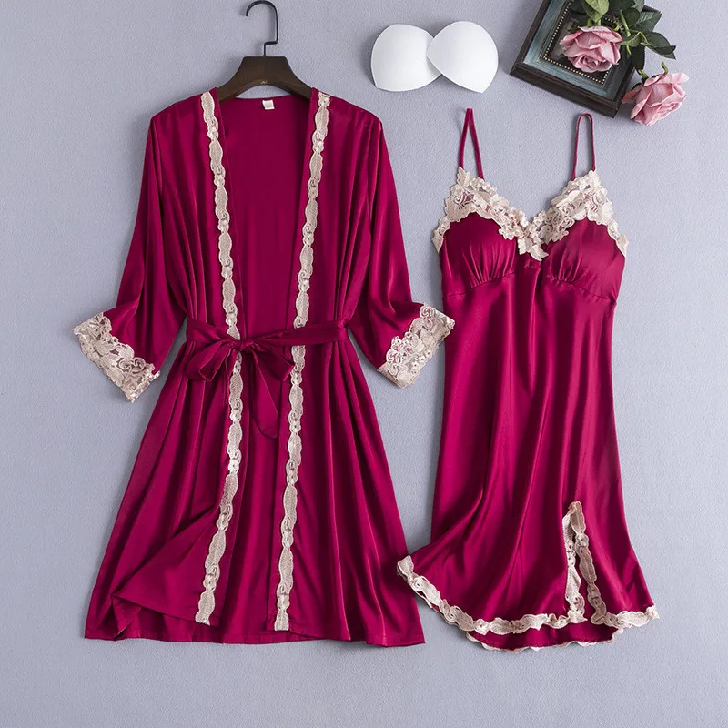 Ice Silk Lace Sexy Women Robe Set With Chest Pad V-Nec Nightwear