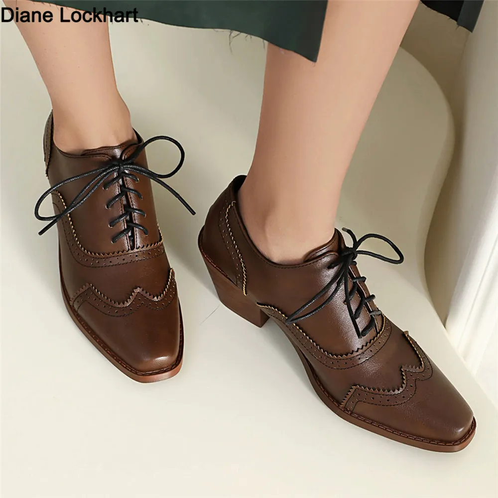 Women British Oxfords Retro Thick High Heels Brogues Pointed Toe Office Lady Lace Up Shoes Femelle Pumps Spring Big Size 35-46