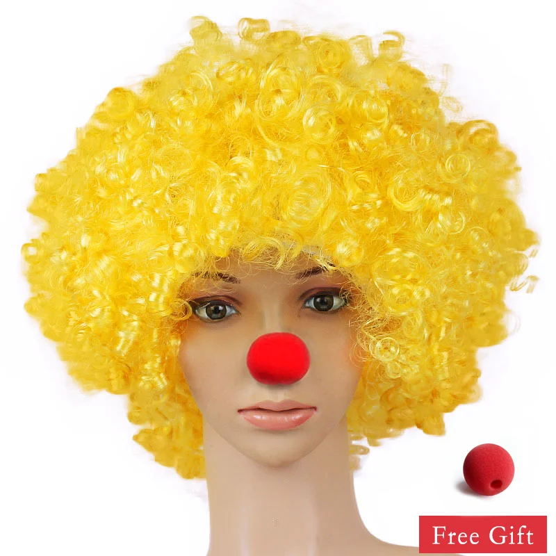 Bunte Clown-Perücke, Afro-Locken, synthetische Perücke, Cosplay für Männer und Frauen, Karneval, Party-Perücke, Rot, Grün, Gelb, Blau, Perücke, Clown-Nase – Detail 13