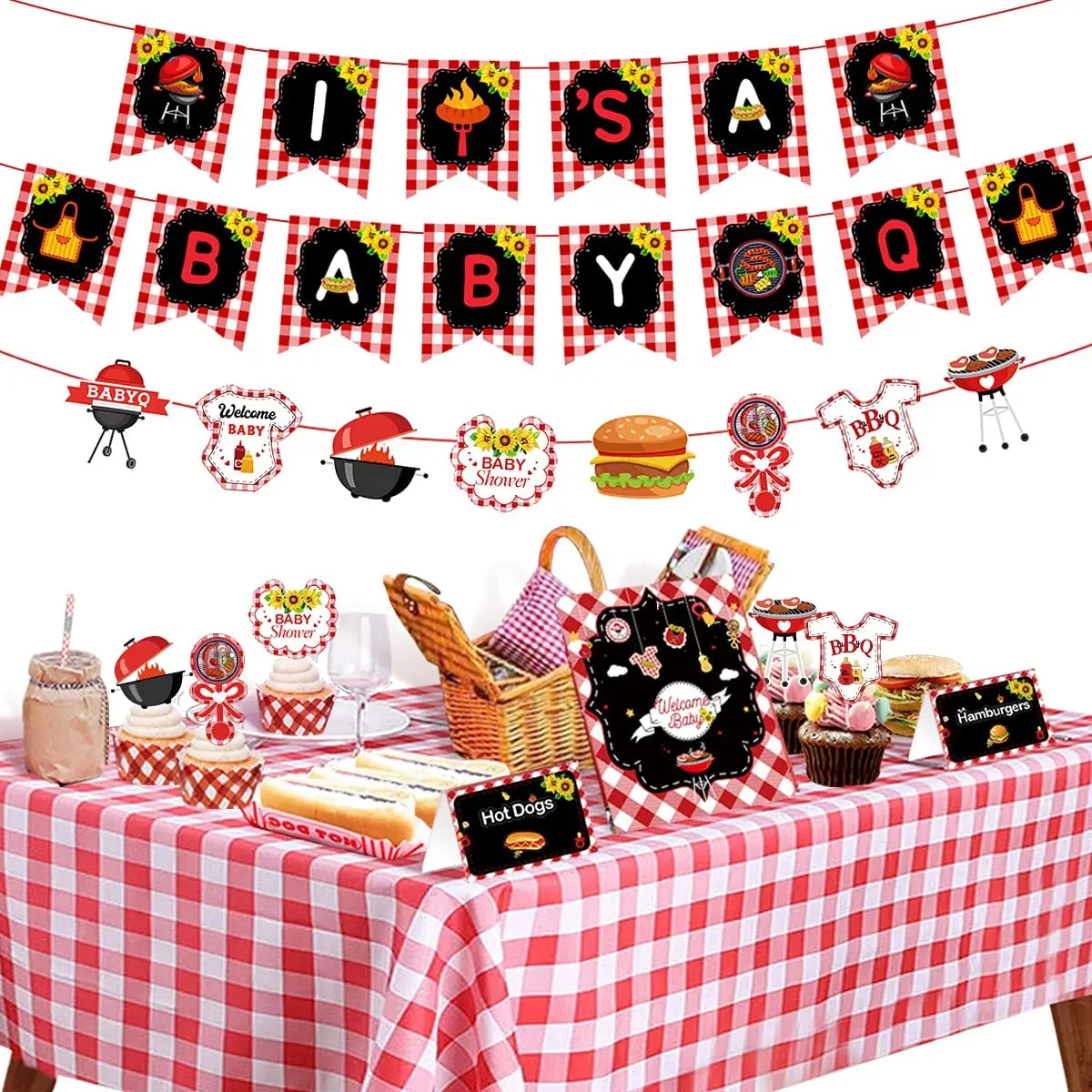 

BBQ Theme Party Decorations for Girls Boys BBQ Baby Shower Decorations It’s A Baby Q Banner Tablecloth for Picnic Party Supplies