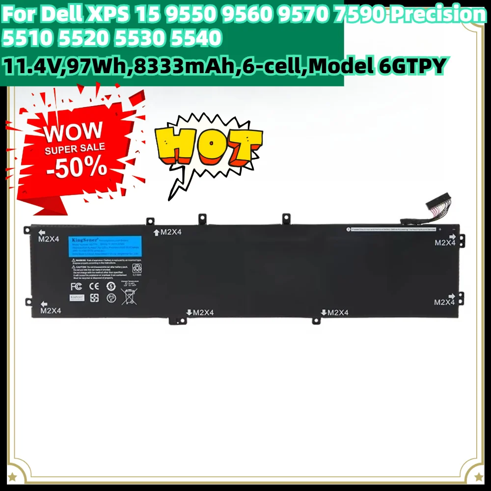 11.4V 97Wh 8333mAh 6-Cell Replacement Battery 6GTPY for Dell XPS 15 9550 9560 9570 7590 Precision 5510 5520 5530 5540