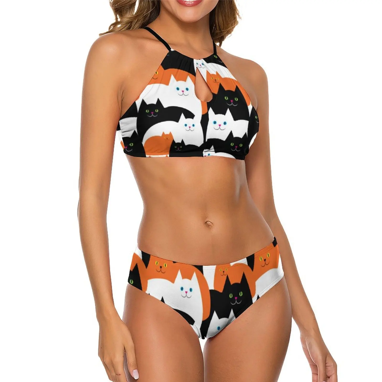 

Halloween Cat Bikini Swimsuit Sexy Cats Trick Or Treat Swimwear Women Bikinis Set Two Piece Set Push Up Hollow Out Bathing Suit