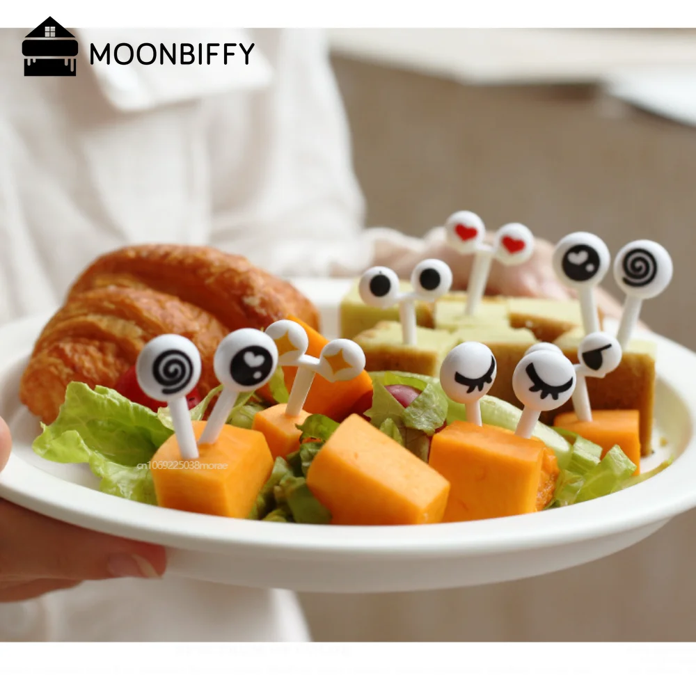 10pcs/Set Mini Forks Cute Cartoon Eyes Kawaii Lunch Bento Box Food Fruit Picks Fork Lunch Accesorios for Kids Bento Accessories