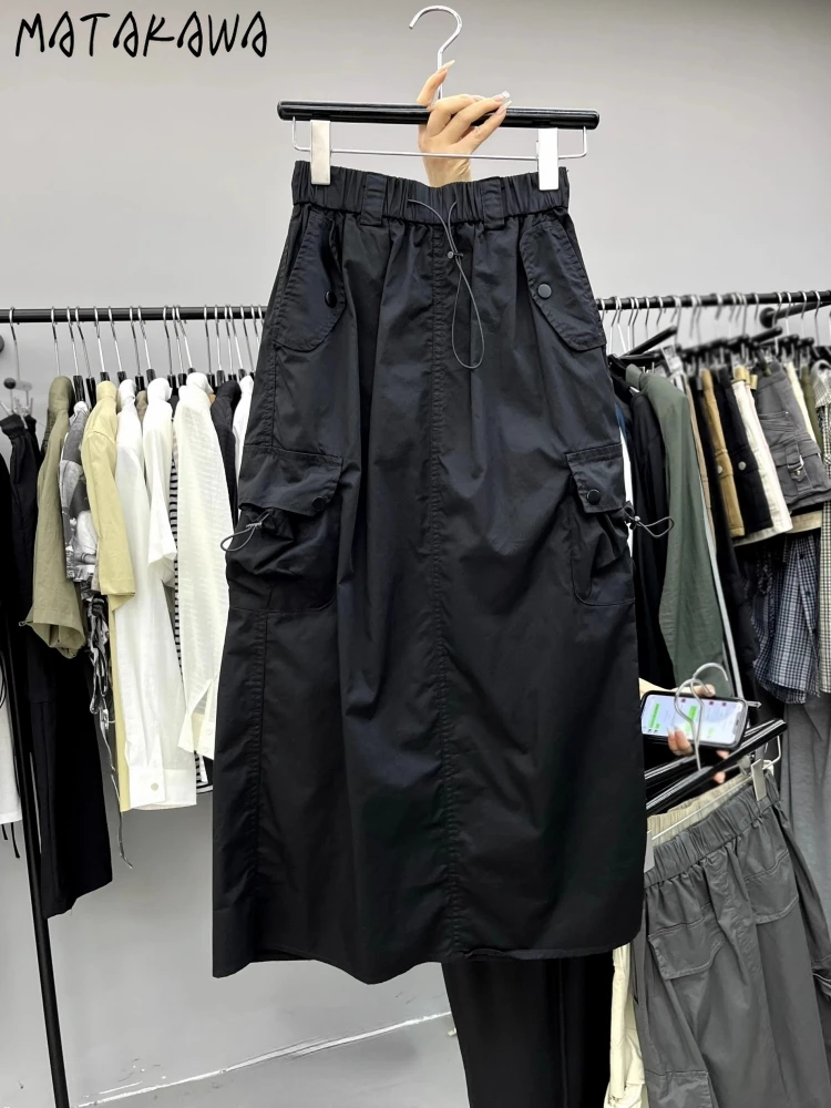 

Matakawa Cargo Skirts Women Drawstring Solid Spring Autumn Vintage Faldas Mujer High Waist Korean Fashion Y2k Long Skirt