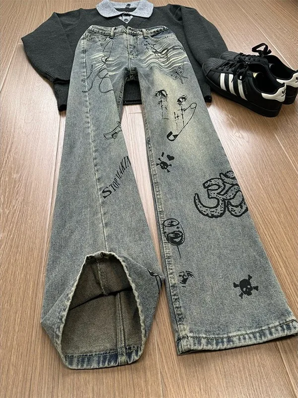 

Мужские джинсы Retro Blue Waed fiti Knife в американском стиле High Street Vibe, свободные повседневные брюки прямого кроя