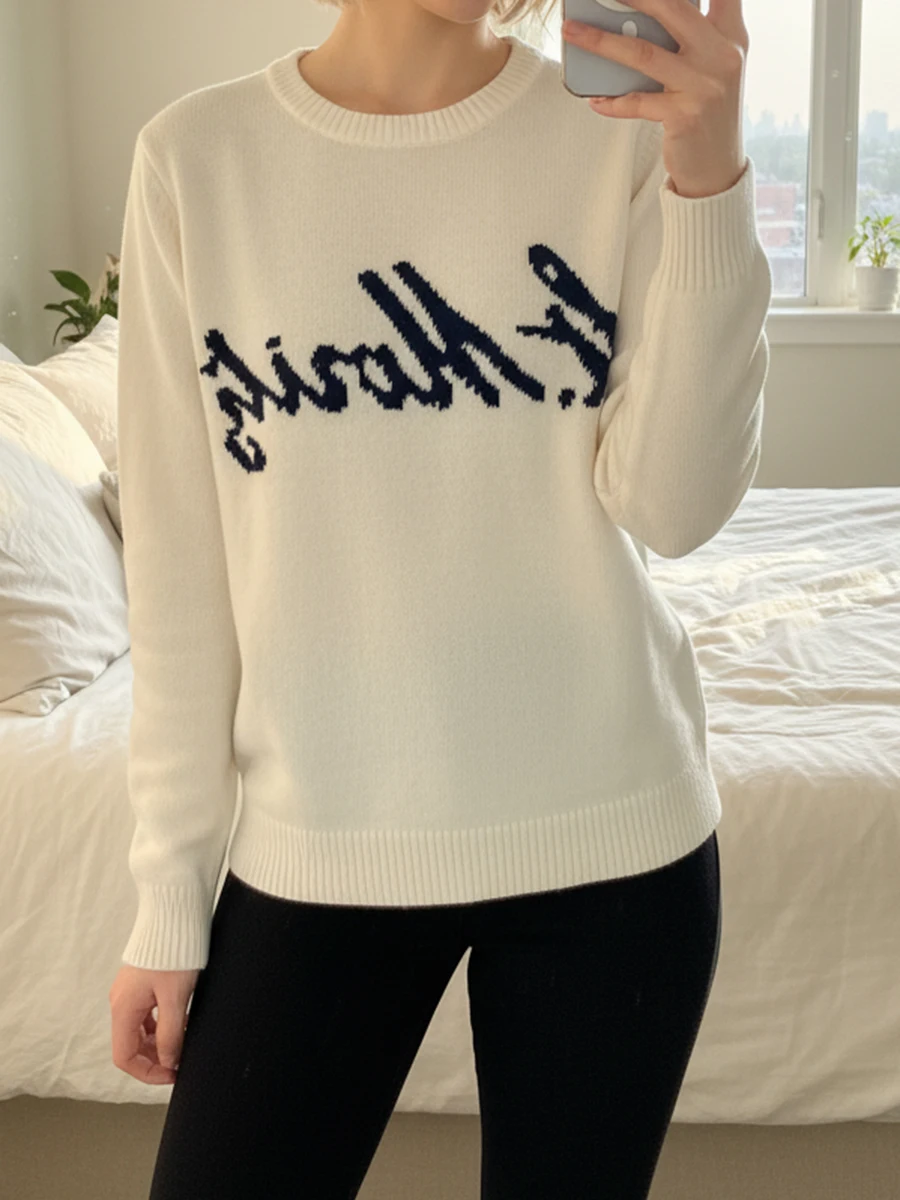 

Модные жаккардовые свитера с буквенным принтом, женские осенние хлопковые джемперы с круглым вырезом и длинными рукавами, простой милый пуловер в консервативном стиле, свитер, топы