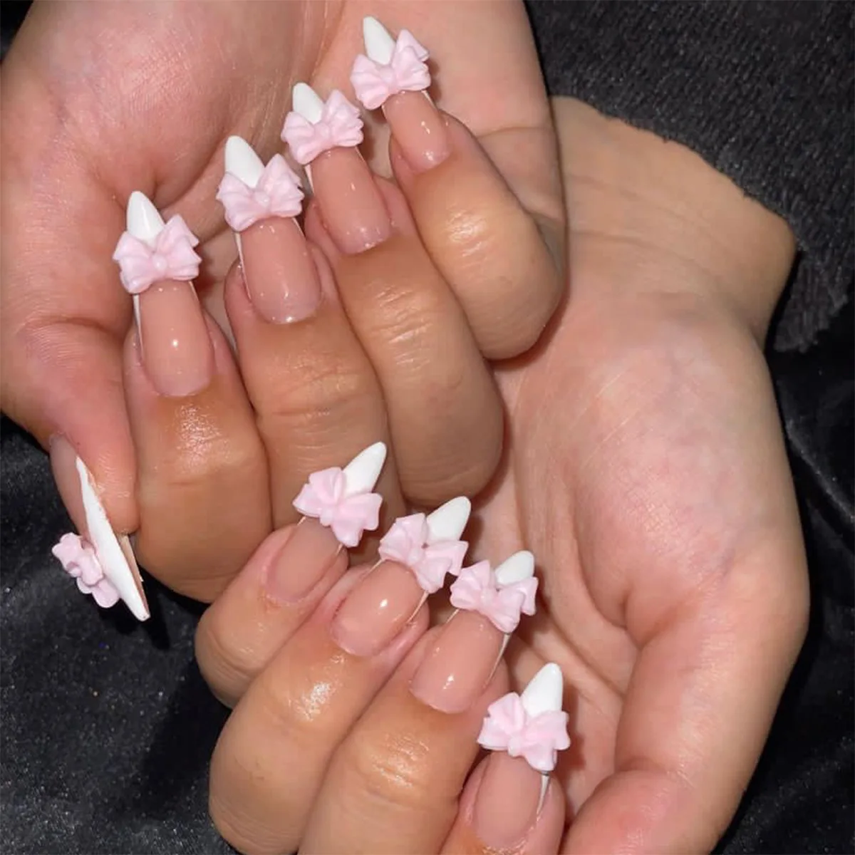 Medium Length Fake Nails 3D Flower Pearl Designs Nude Pink Color Press on Nails Ballerina False Nails for Women DIY Manicure