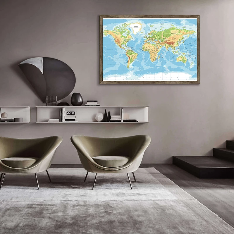 60*40cm The World Topography Map  Canvas Painting Wall Art Poster School Supplies Classroom Living Room Home Decoration