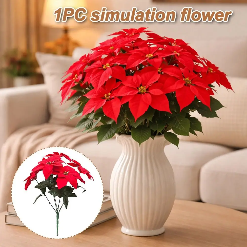 

Flower Arrangements Artificial Poinsettia Bouquet Faux Silk Real Touch Faux Poinsettia Stems DIY 5/7 Forks