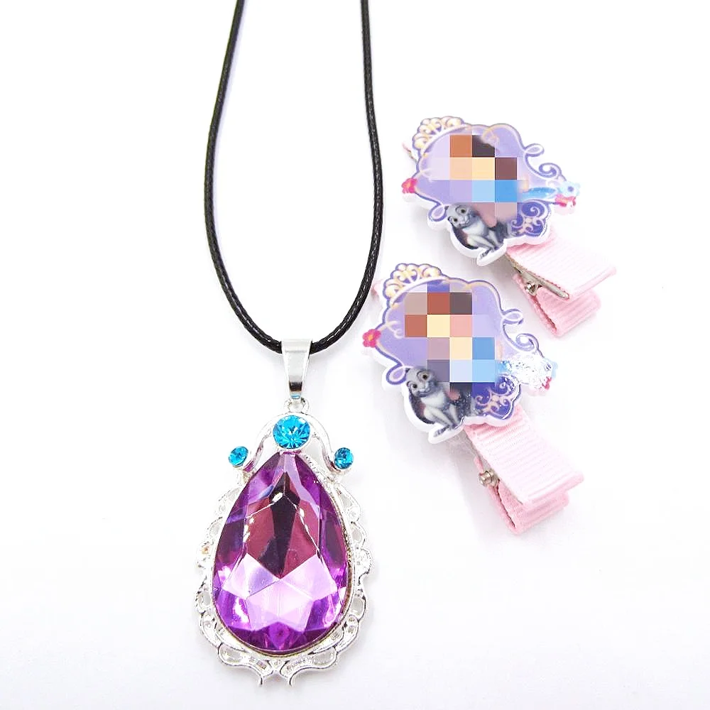 NEW 1set/lot So Fia The First Necklace Gift For Kids Girl Hairpin Purple Amulet Pendant Necklaces Children Hairwear Jewelry set
