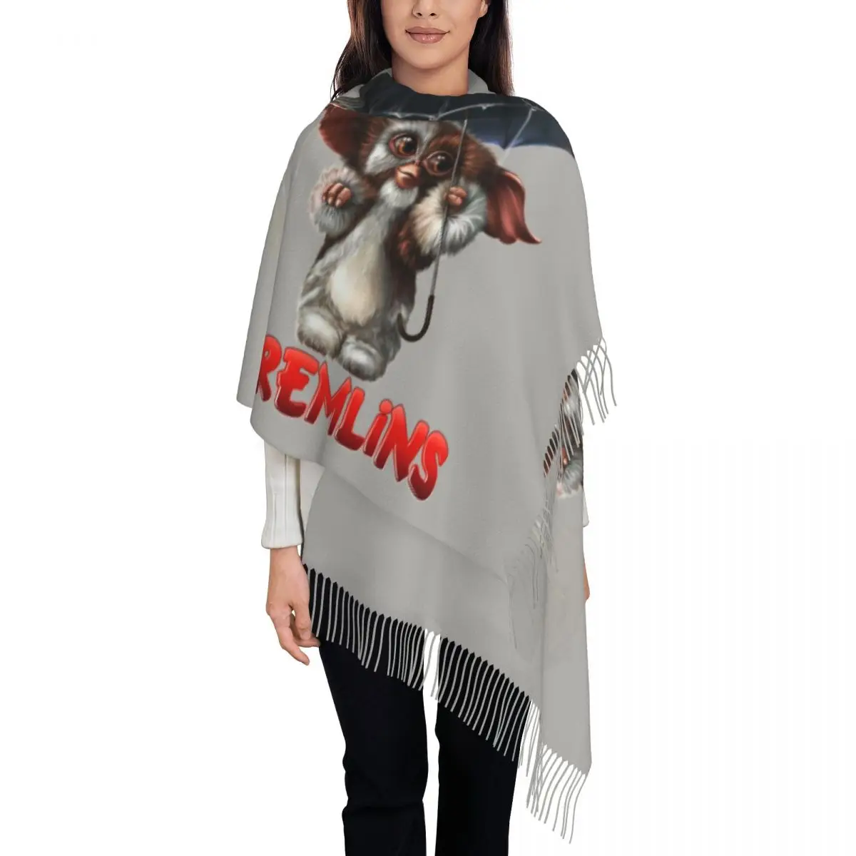 Gremlins Mogwai Monster Scarf Wrap for Women Long Winter Fall Warm Tassel Shawl Unisex Horror Gizmo Scarves